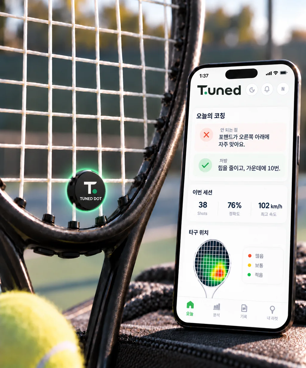 라켓 스트링에 끼운 TUNED DOT 센서와 오늘의 코칭을 보여주는 앱의 제품 컨셉 이미지