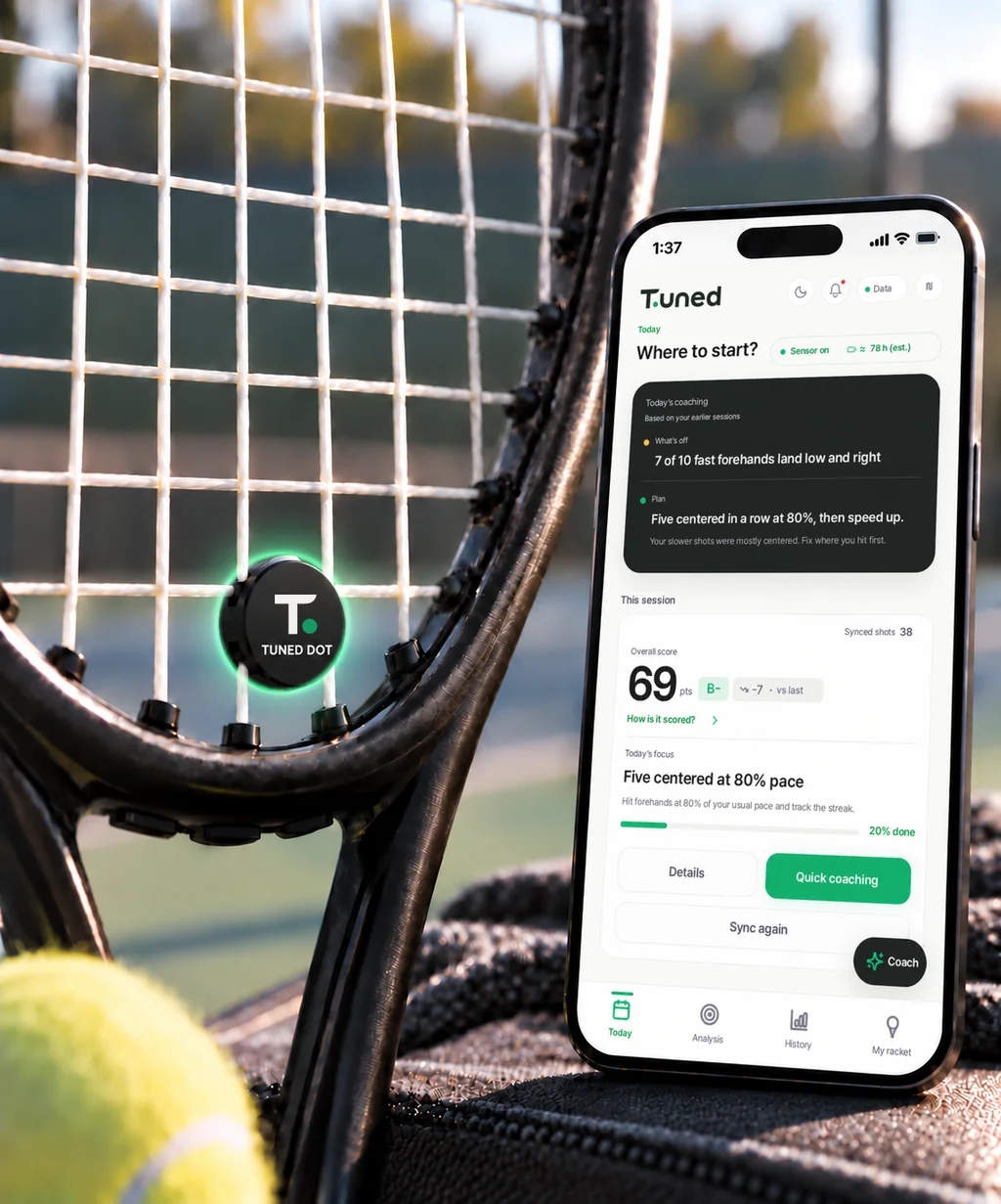 Product concept image: the TUNED DOT sensor on racket strings next to the app's coaching screen